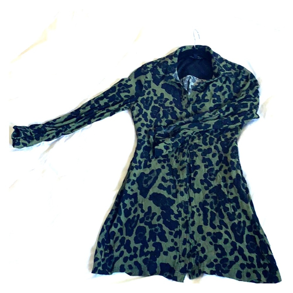 TopShop Petite 4 Olive Leopard mini shirt dress